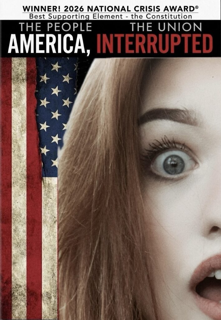 A parody of the movie poster for Girl, Interrupted, but it says America, Interrupted with a scared woman staring.